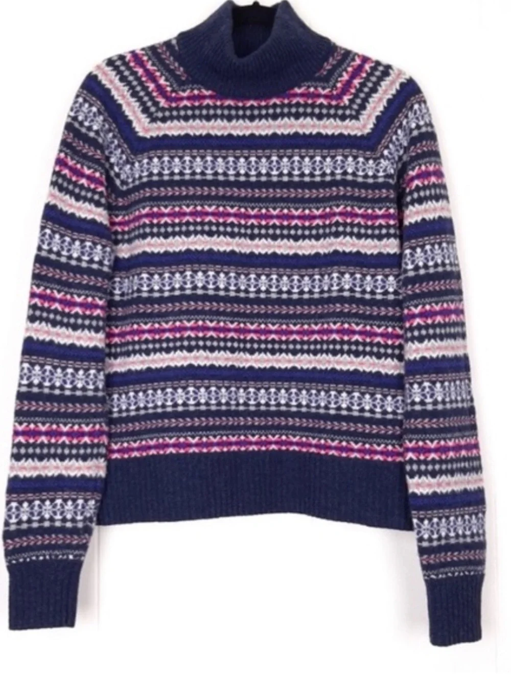 J. Crew Navy Fair Isle Turtleneck with Pink and Cream Stripes. 100% Wool. XL